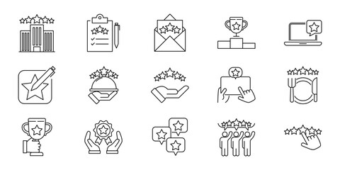 Vector set of customer review and rating icons in outline style showing stars trophy award feedback clipboard laptop hand holding star people with stars envelope and certificate suitable for business