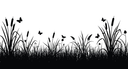 A serene meadow scene with tall grass cattails and butterflies fluttering in the gentle breeze.