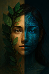 Conceptual portrait of a woman blending nature and technology with leaves and digital circuit patterns
