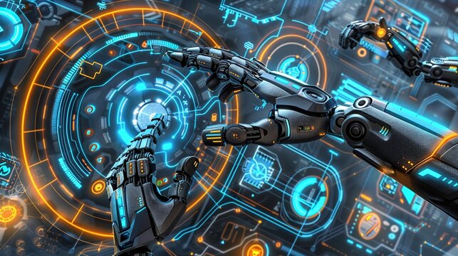 Futuristic Robotic Arms Working on a Digital Interface: AI and Industry 4.0 Automation