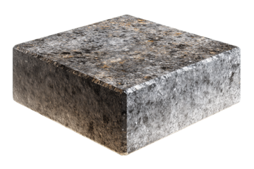 Polished granite paver block with fine salt-and-pepper grain, beveled top edges and one visible saw-cut face, realistic stone texture and clean finish, isolated on transparent background.
