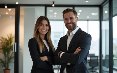 Two business people standing together in an office. High quality