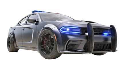 Modern interceptor police car with matte charcoal finish, blue grille lights and steel wheels, subtle dusting for realism and strong front stance, isolated on transparent background.
