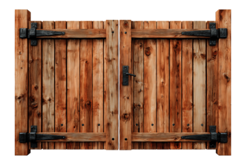Weathered wooden double gate made of vertical cedar planks with visible knots, black strap hinges and a central latch, warm rustic tones and natural grain, isolated on transparent background.
