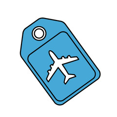 Naklejka premium Blue luggage tag with airplane silhouette for travel.