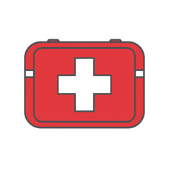 Fototapeta premium Red first aid kit with white cross symbol on white background.