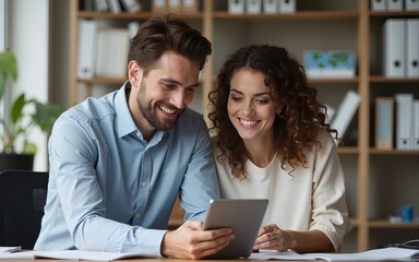 Young caucasian adult man and woman at office looking digital tablet. High quality