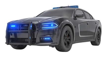 Modern interceptor police car with matte charcoal finish, blue grille lights and steel wheels, subtle dusting for realism and strong front stance, isolated on transparent background.
