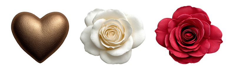Isolated Heart and Realistic Rose Flowers on Transparent Background