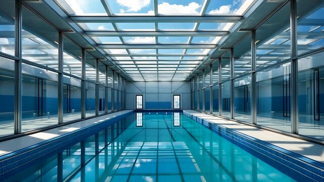 Empty indoor swimming pool beneath a glass ceiling with blue water reflecting the modern interior