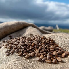 Photo of coffee beans scattered on burlap cloth overcast sky