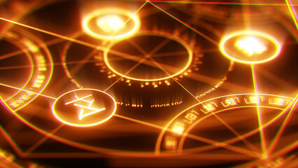 Magic circle of change and ancient language on black background