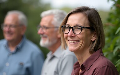 Smiling mature woman with glasses looks to the side with two older men in background outdoors. High quality