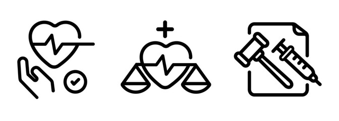ethical principles in medicine and healthcare icon feature hand with healthy heart a scale of justice and gavel with syringe representing patient rights and medical law