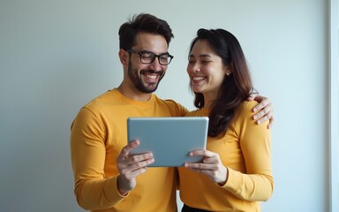 young couple holding a tablet on transparent. High quality
