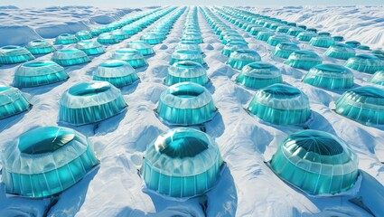 Aerial view of futuristic arctic research station domes, aligned in geometric patterns across icy landscape, representing science in extreme environments. Generative AI.