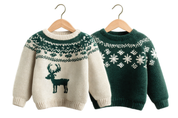 Two wool sweaters in Nordic style, rich emerald and pine tones with festive reindeer and snowflake motifs, soft woven texture, isolated on transparent background.
