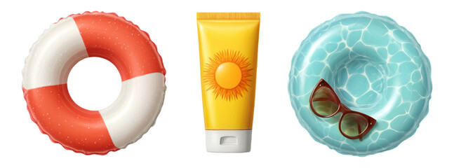 Summer Pool Accessories with Lifebuoy, Sunscreen, and Ring