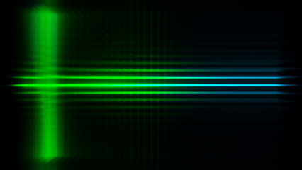 Green and blue colour neon-light grid of abstract lights over a black background.
