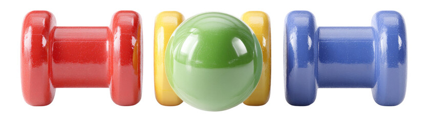 Colorful Isolated Dumbbells and a Green Ball on Transparent Background