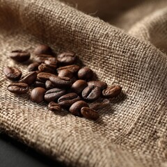Photo of coffee beans scattered on burlap cloth natural light