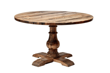 Round pedestal table crafted from reclaimed oak, natural oil finish with visible radial grain, chamfered edge top and subtly worn turned base, isolated on transparent background.

