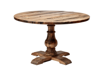 Round pedestal table crafted from reclaimed oak, natural oil finish with visible radial grain, chamfered edge top and subtly worn turned base, isolated on transparent background.
