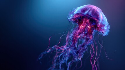 Vibrant jellyfish gracefully floating in deep ocean with vivid bioluminescent glow