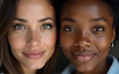 Two diverse different women close-up eyes opening. High quality