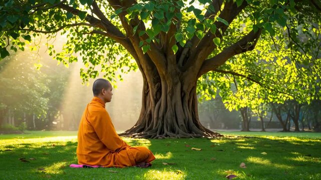 A buddhist monk meditating under a bodhi tree in a park, representing spiritual enlightenment and peace in footage.