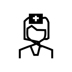 Simple black and white line icon of a nurse wearing a hat with a cross symbol, minimal medical vector illustration.
