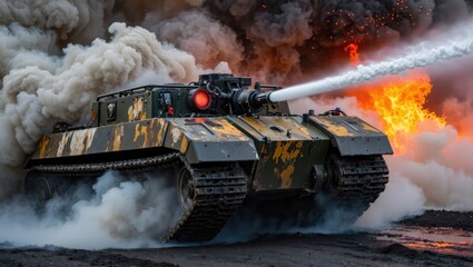 Modern armored tank in action, firing through thick smoke and flames, symbolizing warfare and military power. Generative AI.