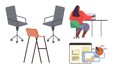 Office chairs, a woman at a desk using a laptop, bar graphs, pie charts, and reports. Ideal for workplace, teamwork, productivity data analysis business goals strategy or reporting themes. Simple
