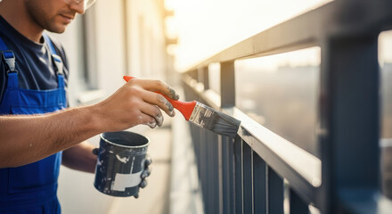 Naklejka premium Painter paints metal railing on high rise balcony, applying protective coating for corrosion resistance.