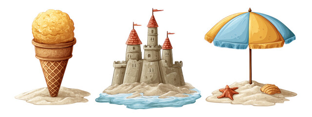 Summer Elements with Ice Cream, Sandcastle and Umbrella