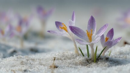 View of magic blooming spring flowers crocus growing from snow in wildlife. Amazing sunlight on spring flower crocus