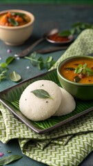 Two white idlis rest on a banana leaf with sambar, framed by a green patterned cloth, soft light, and a warm, inviting ambiance.
