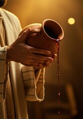 Man in a robe pouring red liquid from a clay jar in warm, dramatic lighting