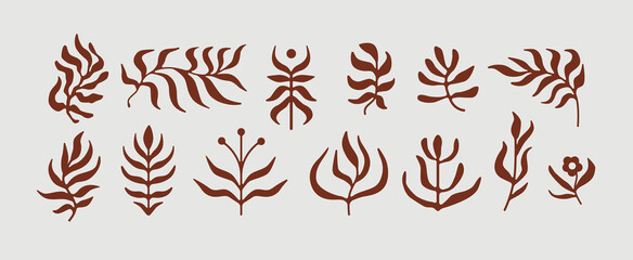 Collection of hand drawn abstract brown botanical vector leaves and floral elements for modern minimal logos, nature decor and organic design themes.
