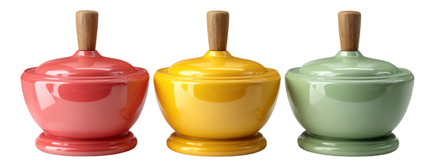 Colorful Ceramic Bowls with Lids on Transparent Background