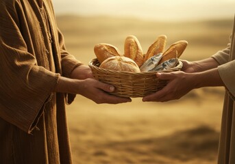 Two men in robes pass a wicker basket of loaves and fish in a golden, blurry desert setting