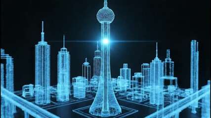 Futuristic city construction animation showcasing digital wireframe urban development visualization - Powered by Adobe