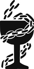 Modern chalice icon entwined with chains, symbolizing restriction and mysticism in minimalist black and white vector style