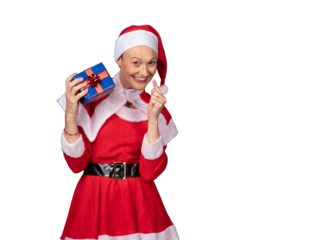Senior woman dressed as santa holding christmas gift