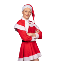 Woman modeling festive red and white santa costume