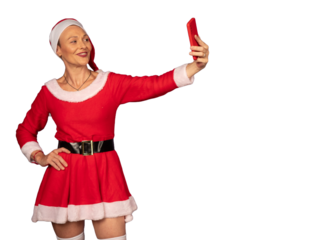 Woman dressed as santa taking christmas selfie