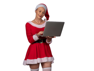 Woman in santa costume using laptop