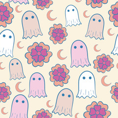 Flowers and ghosts Retro Halloween pattern vector design