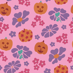 Groovy spooky retro Halloween seamless vector pattern