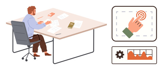 Employee analyzing paperwork at desk, complemented by visuals of touchscreen interaction and data graphs. Ideal for business strategy, productivity, technology, analytics, organization, focus, simple